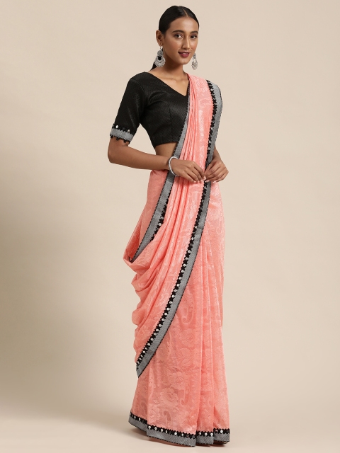 

Mitera Peach-Coloured & Black Woven Design Saree