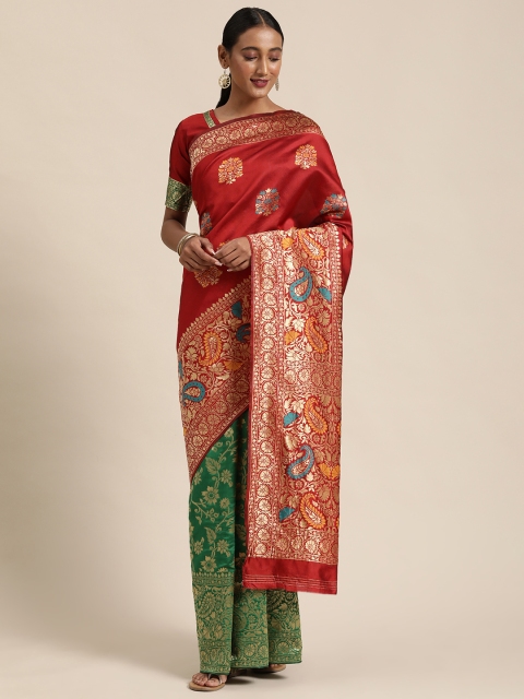 

Mitera Red & Green Silk Blend Woven Design Kanjeevaram Half and Half Saree