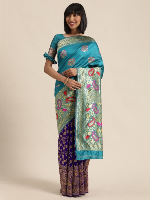 

Mitera Blue & Gold-Toned Woven Design Kanjeevaram Saree