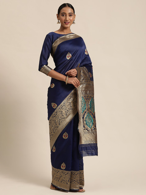 

Mitera Blue & Golden Silk Blend Woven Design Kanjeevaram Saree