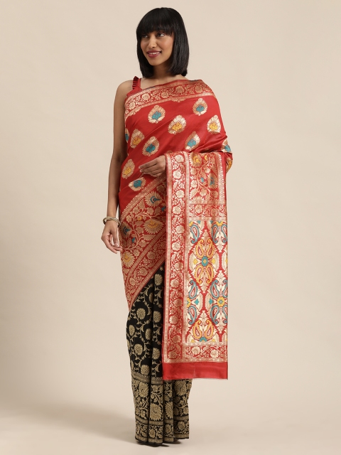 

Mitera Red & Black Silk Blend Woven Design Kanjeevaram Saree
