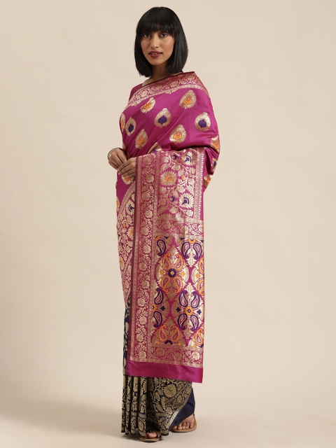 

Mitera Pink & Navy Blue Woven Design Kanjeevaram Saree