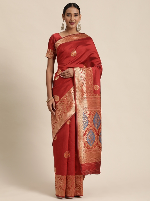 

Mitera Red & Gold-Toned Silk Blend Woven Design Kanjeevaram Saree