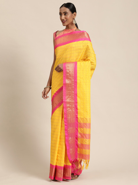 

Mitera Yellow & Pink Silk Blend Checked Kanjeevaram Saree