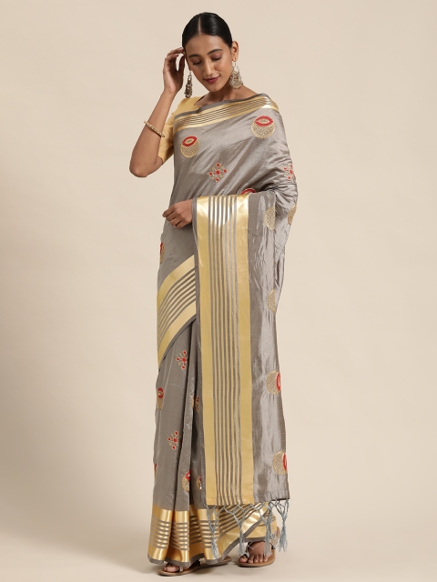 

Mitera Grey & Gold-Toned Silk Blend Embroidered Saree