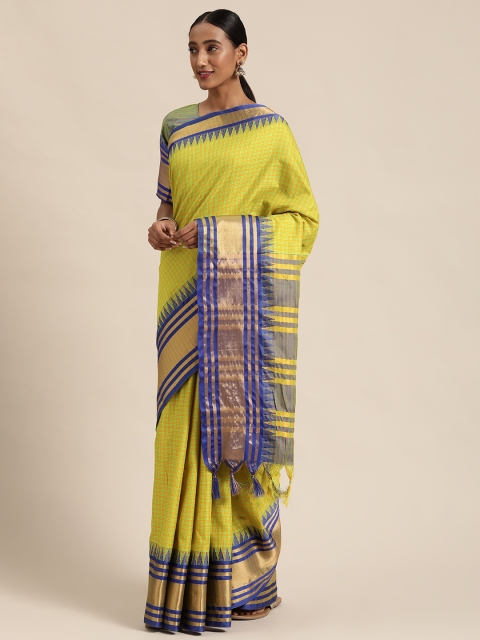 

Mitera Green & Blue Silk Blend Checked Kanjeevaram Saree