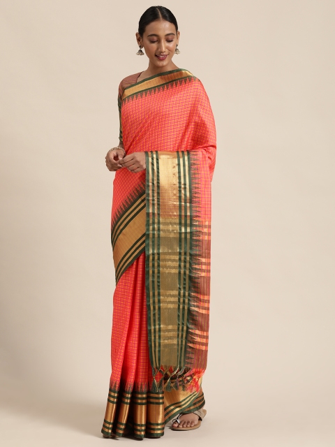 

Mitera Pink & Yellow Silk Blend Checked Kanjeevaram Saree