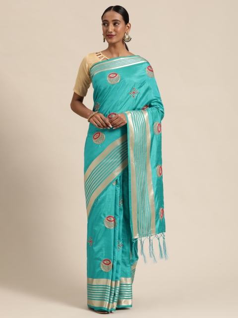 

Mitera Turquoise Blue & Golden Silk Blend Embroidered Saree