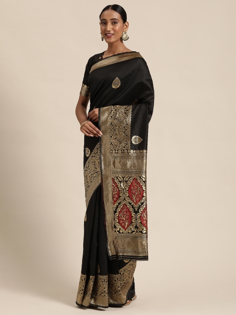 

Mitera Black & Golden Silk Blend Woven Design Kanjeevaram Saree