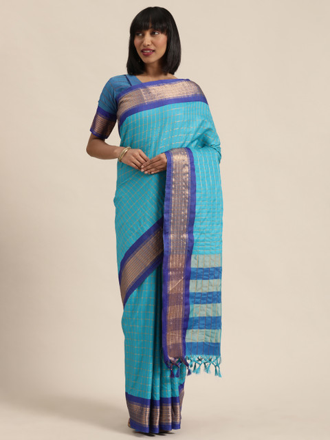 

Mitera Turquoise Blue & Gold-Toned Silk Blend Checked Kanjeevaram Saree