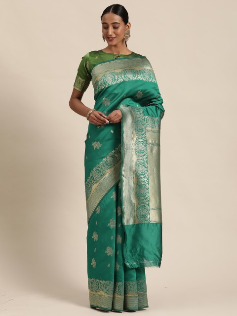 

Mitera Green & Gold-Toned Woven Design Banarasi Saree