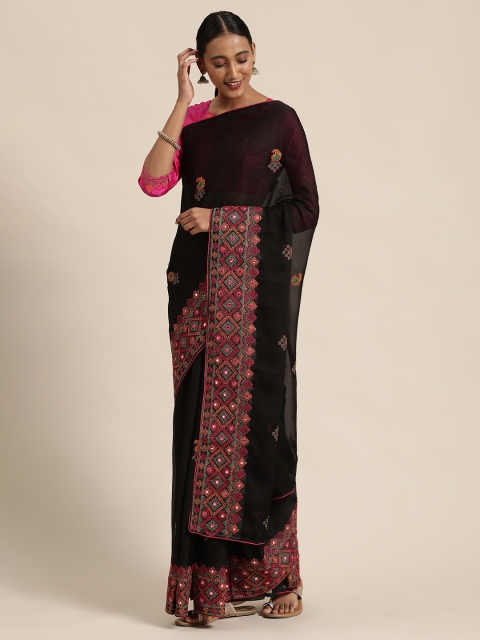 

Mitera Black & Pink Poly Chiffon Embroidered Saree