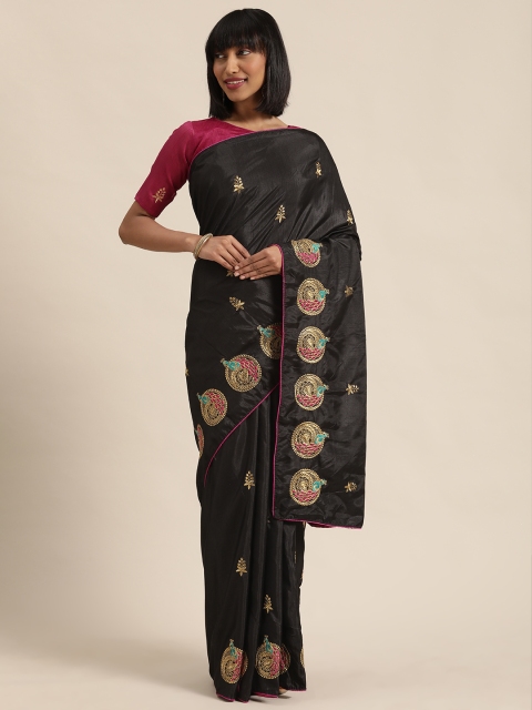 

Mitera Black & Gold-Toned Silk Blend Embroidered Saree