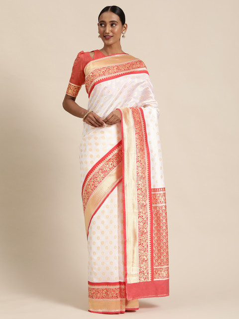 

Mitera White & Gold-Toned Silk Blend Woven Design Kanjeevaram Saree