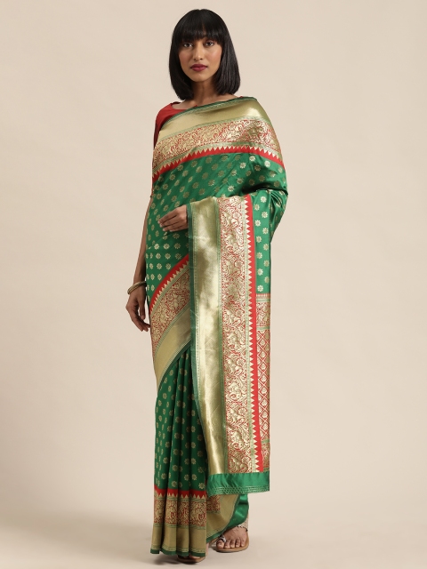 

Mitera Green & Gold-Toned Woven Design Kanjeevaram Saree