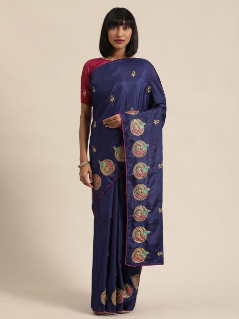 

Mitera Navy Blue & Gold-Toned Silk Blend Embroidered Saree
