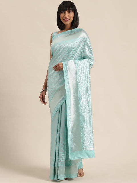 

Mitera Turquoise Blue & Silver-Coloured Silk Blend Woven Design Kanjeevaram Saree
