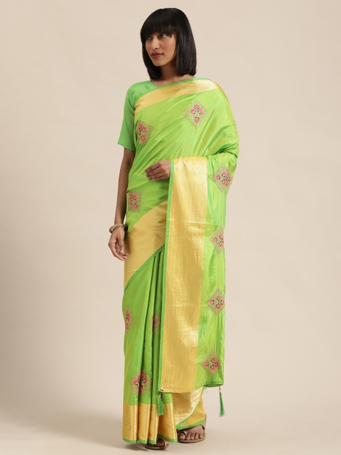 

Mitera Lime Green & Gold-Toned Silk Blend Embroidered Saree