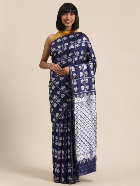 

Mitera Navy Blue & Silver-Toned Woven Design Kanjeevaram Saree