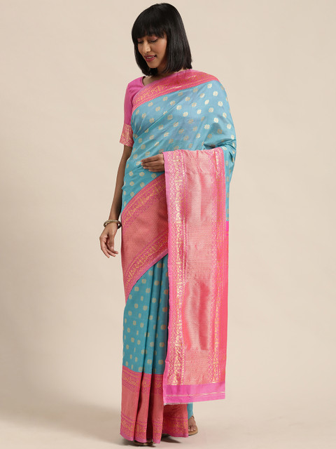 

Mitera Blue & Golden Silk Blend Woven Design Kanjeevaram Saree