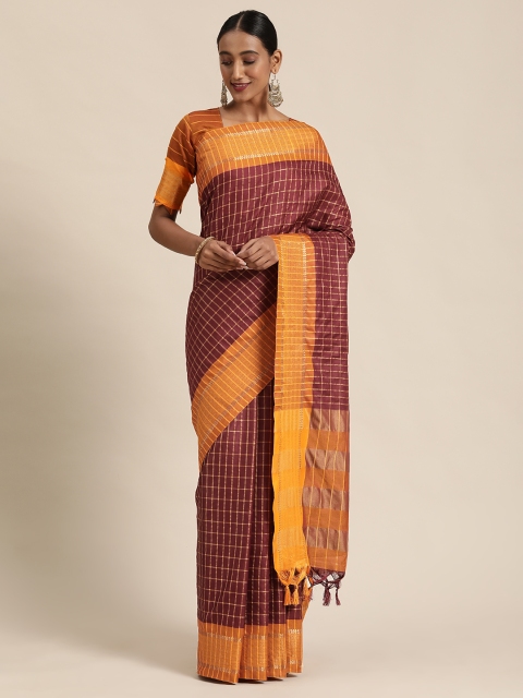 

Mitera Maroon & Gold-Toned Silk Blend Checked Kanjeevaram Saree