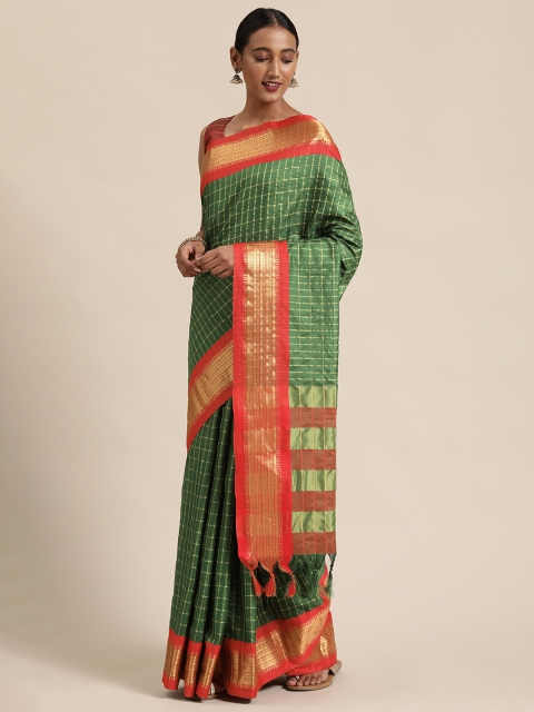

Mitera Green & Orange Silk Blend Checked Kanjeevaram Saree