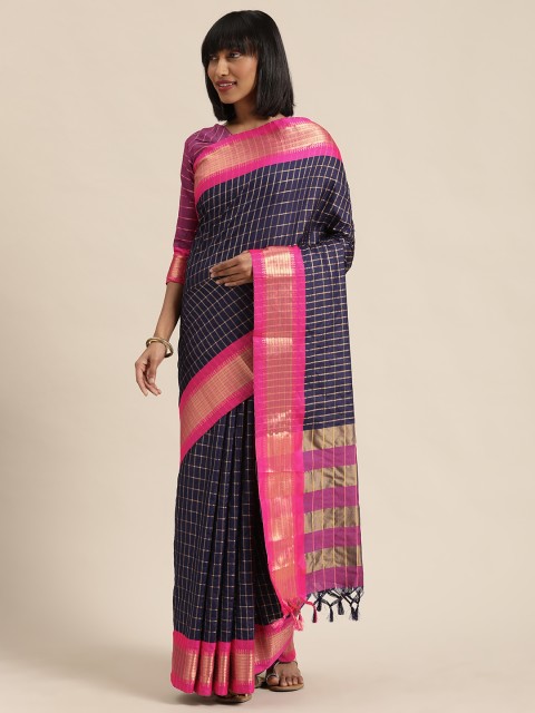 

Mitera Navy Blue & Gold-Toned Silk Blend Checked Kanjeevaram Saree