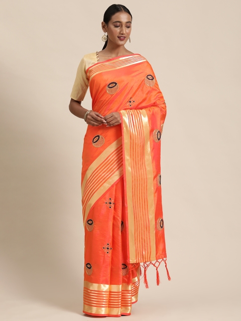 

Mitera Orange & Golden Silk Blend Embroidered Saree