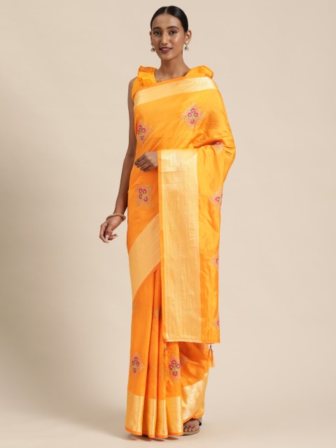 

Mitera Yellow Embroidered Silk Blend Saree