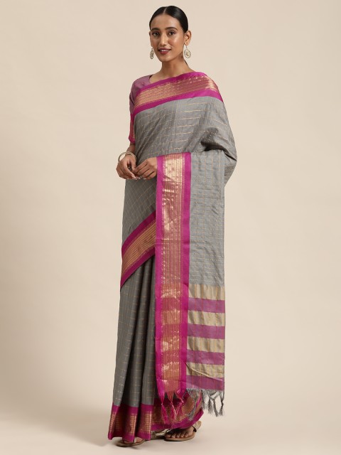 

Mitera Grey Silk Blend Solid Kanjeevaram Saree