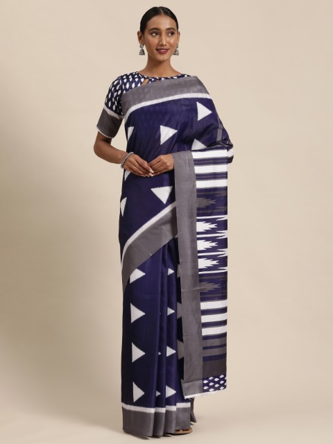 

Mitera Navy Blue & White Silk Blend Printed Kanjeevaram Saree
