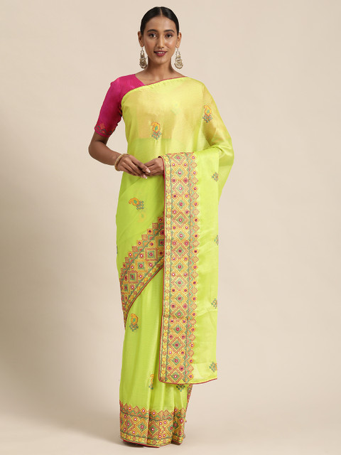 

Mitera Fluorescent Green Embroidered Poly Chiffon Saree