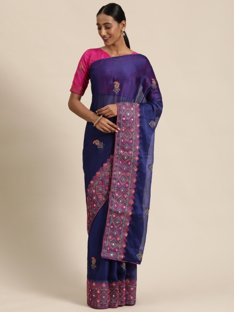 

Mitera Blue Embroidered Poly Chiffon Saree
