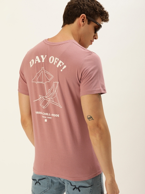 

SINGLE Men Pink & White Printed Round Neck T-shirt