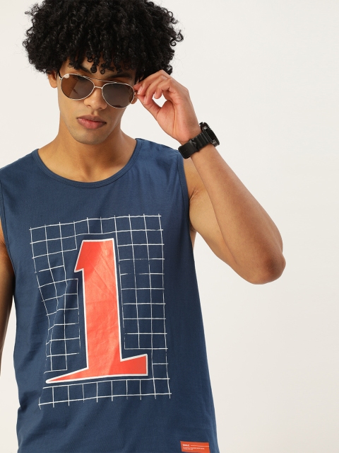 

SINGLE Men Navy Blue Pure Cotton Slim Fit Printed Round Neck T-shirt