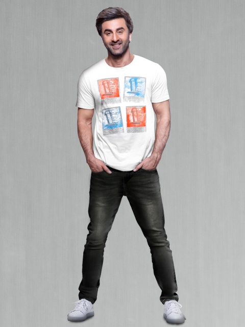 

SINGLE Men White Printed Pure Cotton Slim Fit Round Neck T-shirt