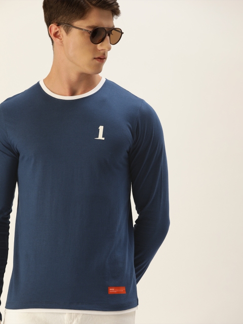 

SINGLE Men Navy Blue Solid Round Neck Pure Cotton T-shirt with Printed Detail