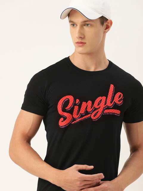 

SINGLE Men Black Red Pure Cotton Slim Fit Brand Logo Print Round Neck Pure Cotton T-shirt