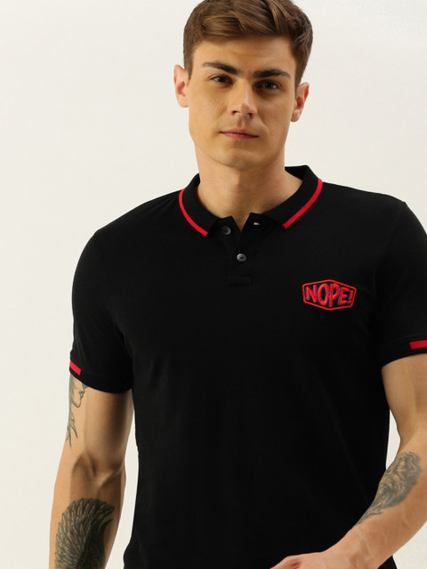 

SINGLE Men Black Printed Polo Collar Pure Cotton T-shirt