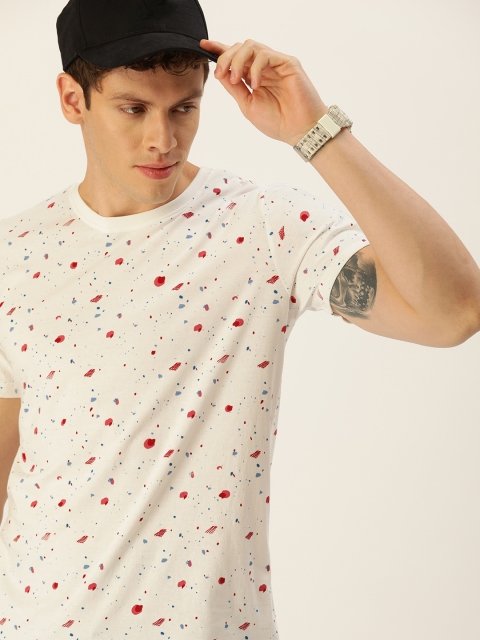 

SINGLE Men White & Red Slim Fit Printed Round Neck T-shirt