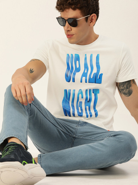

SINGLE Men White Slim Fit Printed Round Neck Pure Cotton T-shirt
