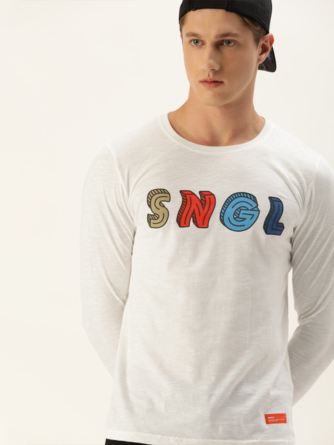 

SINGLE Men White Printed Round Neck Pure Cotton T-shirt
