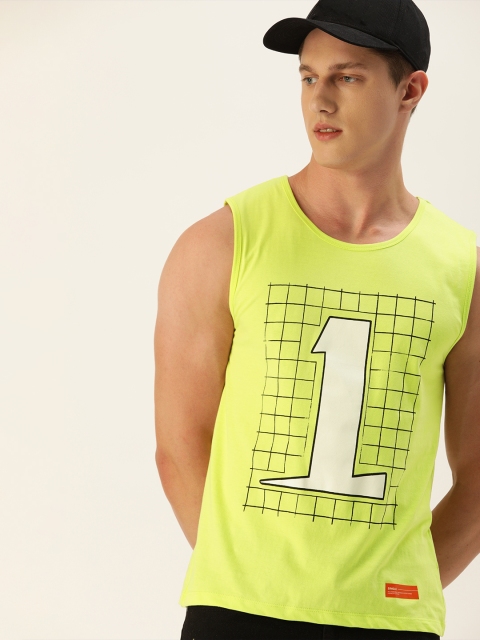 

SINGLE Men Lime Green Printed Round Neck Pure Cotton T-shirt