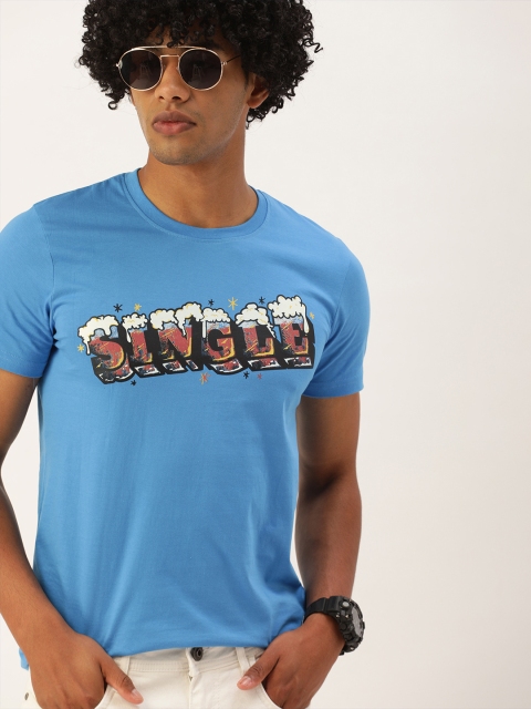 

SINGLE Men Blue Printed Slim Fit Round Neck Pure Cotton T-shirt