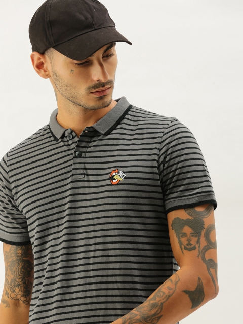 

SINGLE Men Grey Black Striped Polo Collar Slim Fit Pure Cotton T-shirt