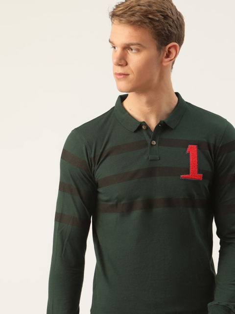 

SINGLE Men Olive Green & Black Pure Cotton Striped Polo Collar T-shirt