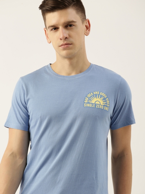 

SINGLE Men Blue Slim Fit Pure Cotton T-shirt