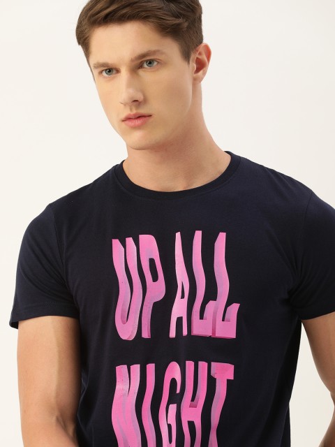 

SINGLE Men Navy Blue Pink Pure Cotton Slim Fit Printed Round Neck Pure Cotton T-shirt