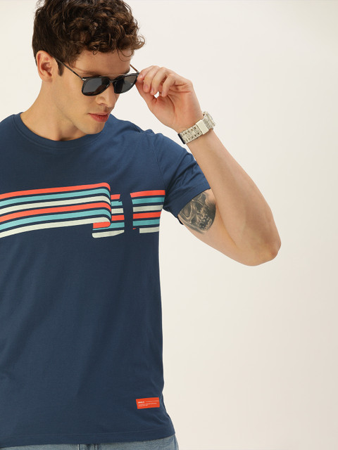 

SINGLE Men Navy Blue Orange Striped Round Neck Pure Cotton T-shirt