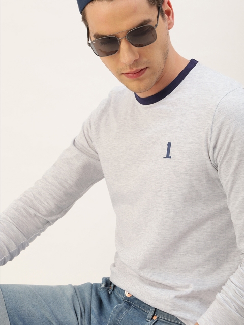 

SINGLE Men Grey Melange Solid Slim Fit Round Neck T-shirt